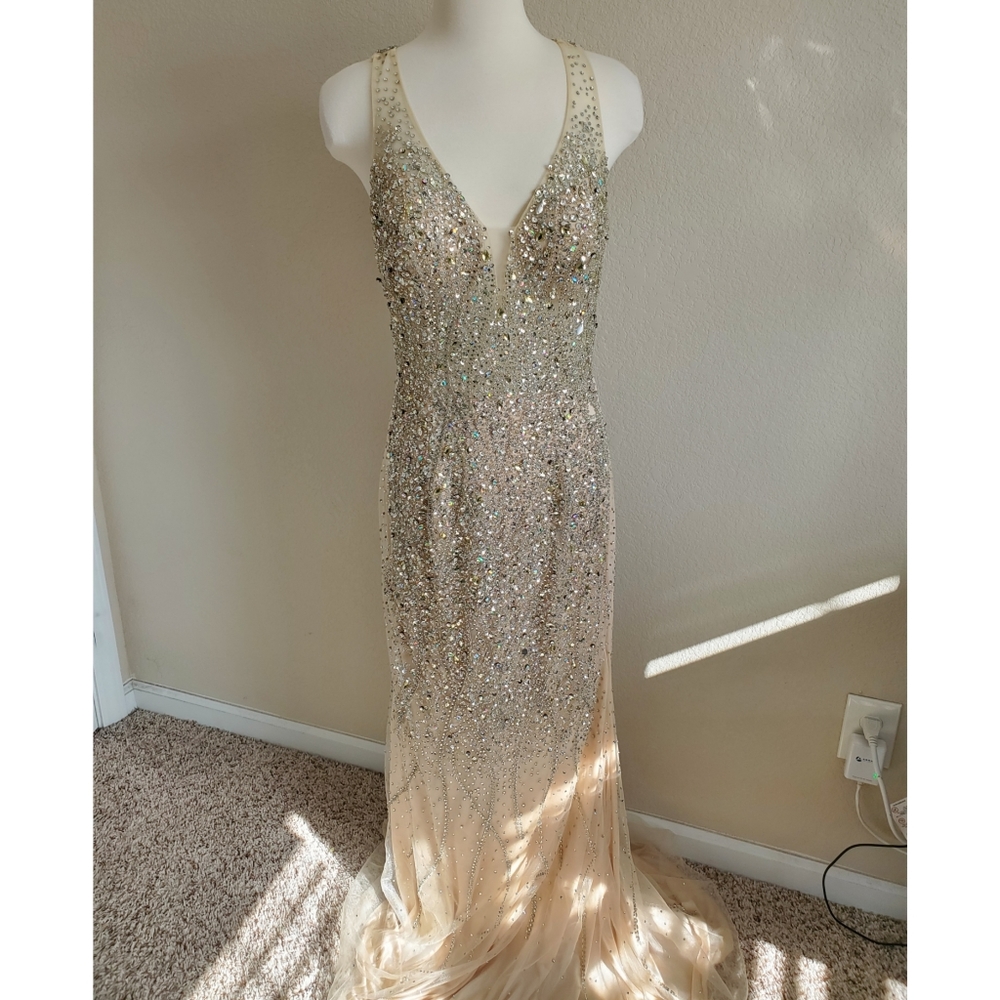 Rhinestone beaded mesh gown